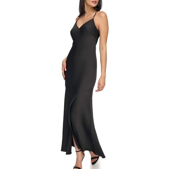 Vince Camuto Black Satin Maxi Slip Dress V-Neck Spaghetti Strap Front Slit 4 - Picture 2 of 13